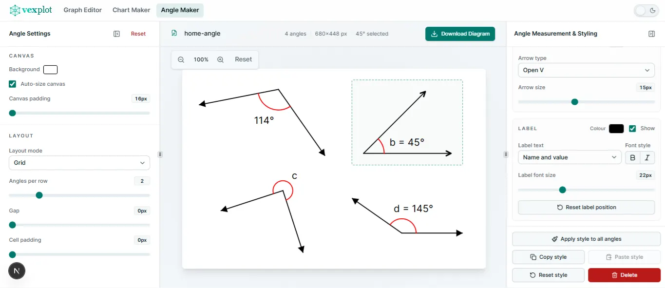 Screenshot of multiple angle diagrams in Vexplot Angle Maker