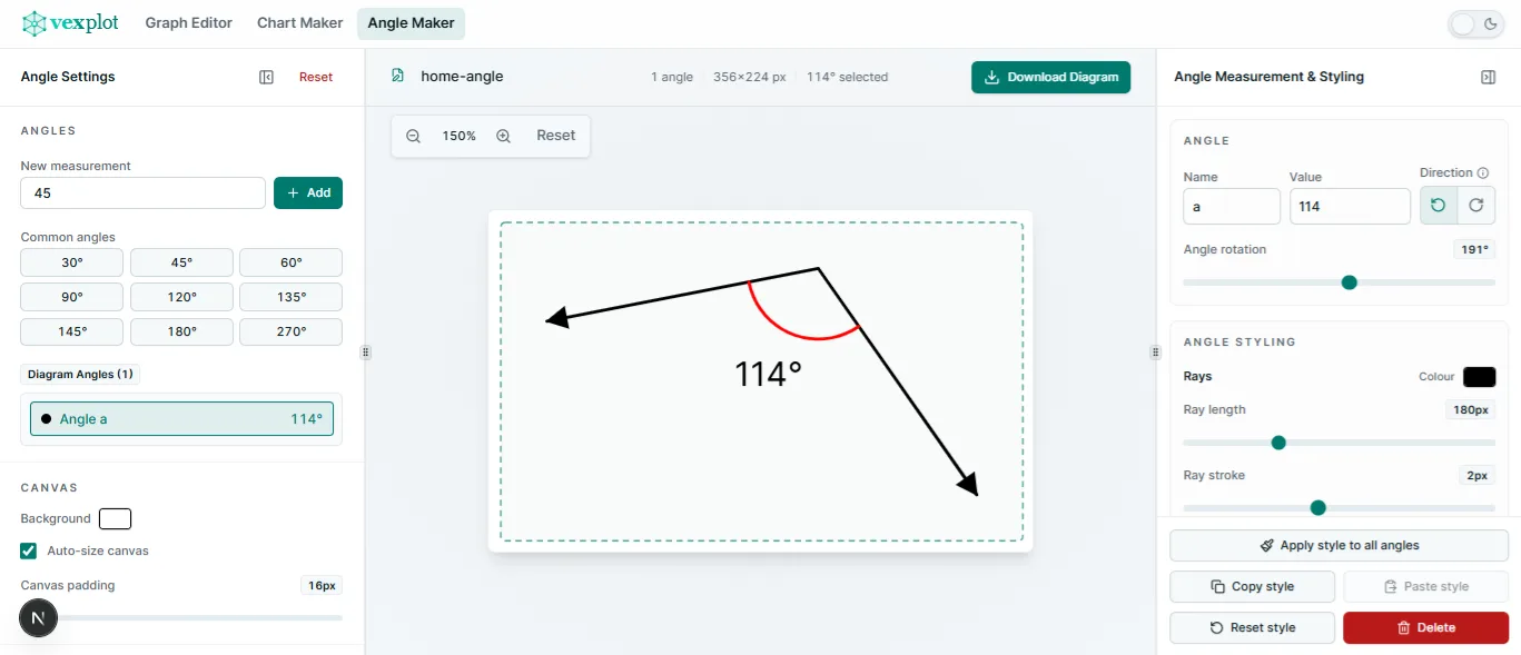 Screenshot of a single angle diagram in Vexplot Angle Maker