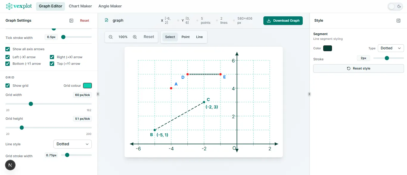 Screenshot of line segments in the Vexplot coordinate graph maker