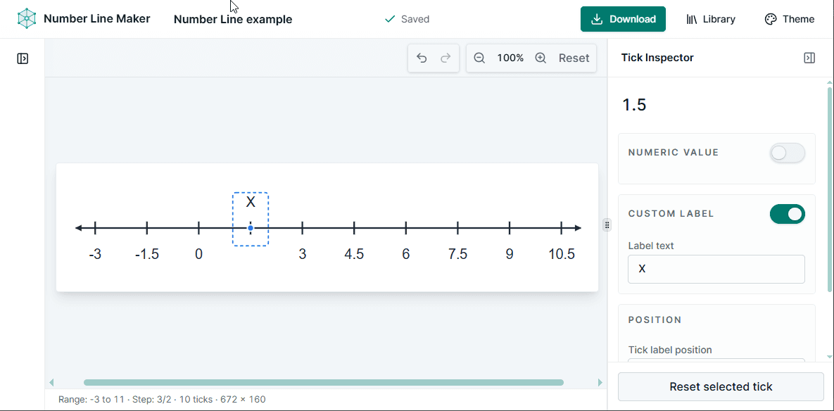 Selected number-line tick with its numeric value hidden, an x label above the axis, and the Tick Inspector open