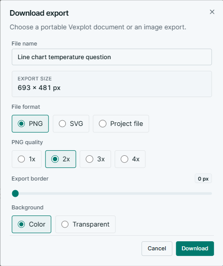 Vexplot download dialog with PNG, SVG, and editable project file options