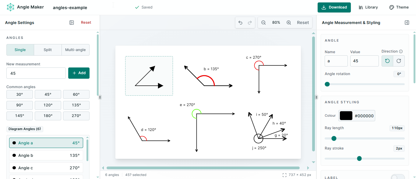 Angle Maker workspace with several labelled angle diagrams, a multi-angle object, visible markers, settings, and a selected angle inspector